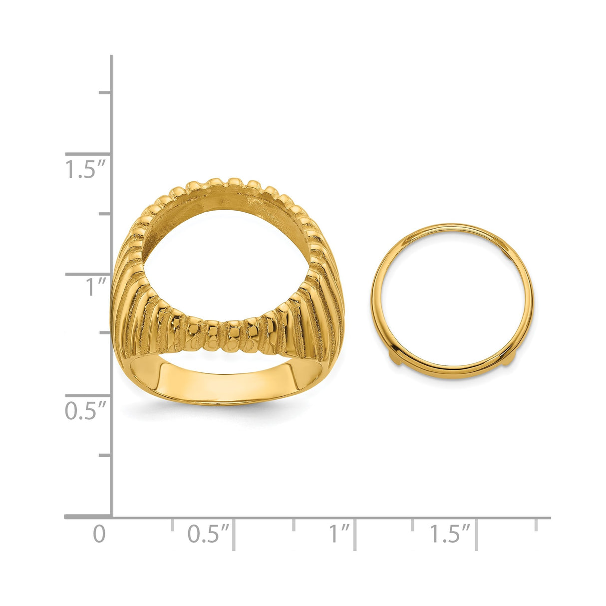 Australian 1/10 oz Gold Kangaroo $15 Coin Bezel Ring Prong Set Polished Vertical Fluting in 14k Yellow Gold