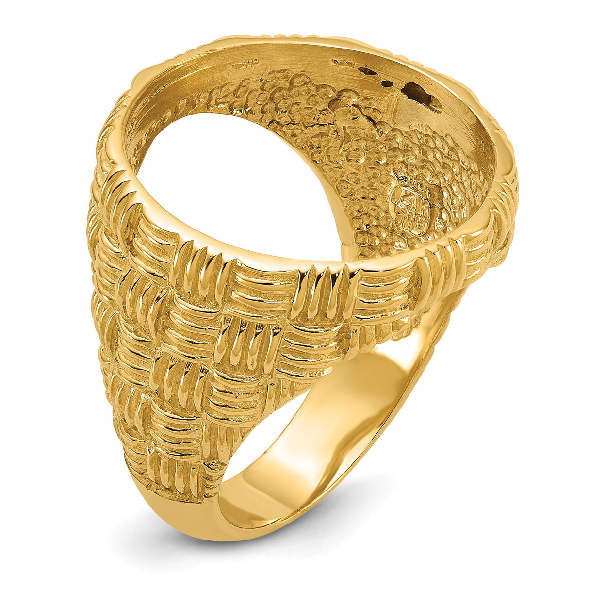 Isle of Man 1/10 oz Gold Cat Coin Bezel Ring Prong Set Mens Polished Woven Design in 14k Yellow Gold