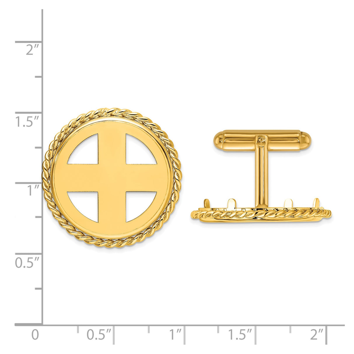 22 mm 14k Yellow Gold coin bezel cuff links for South African Krugerrand — size reference (ruler)