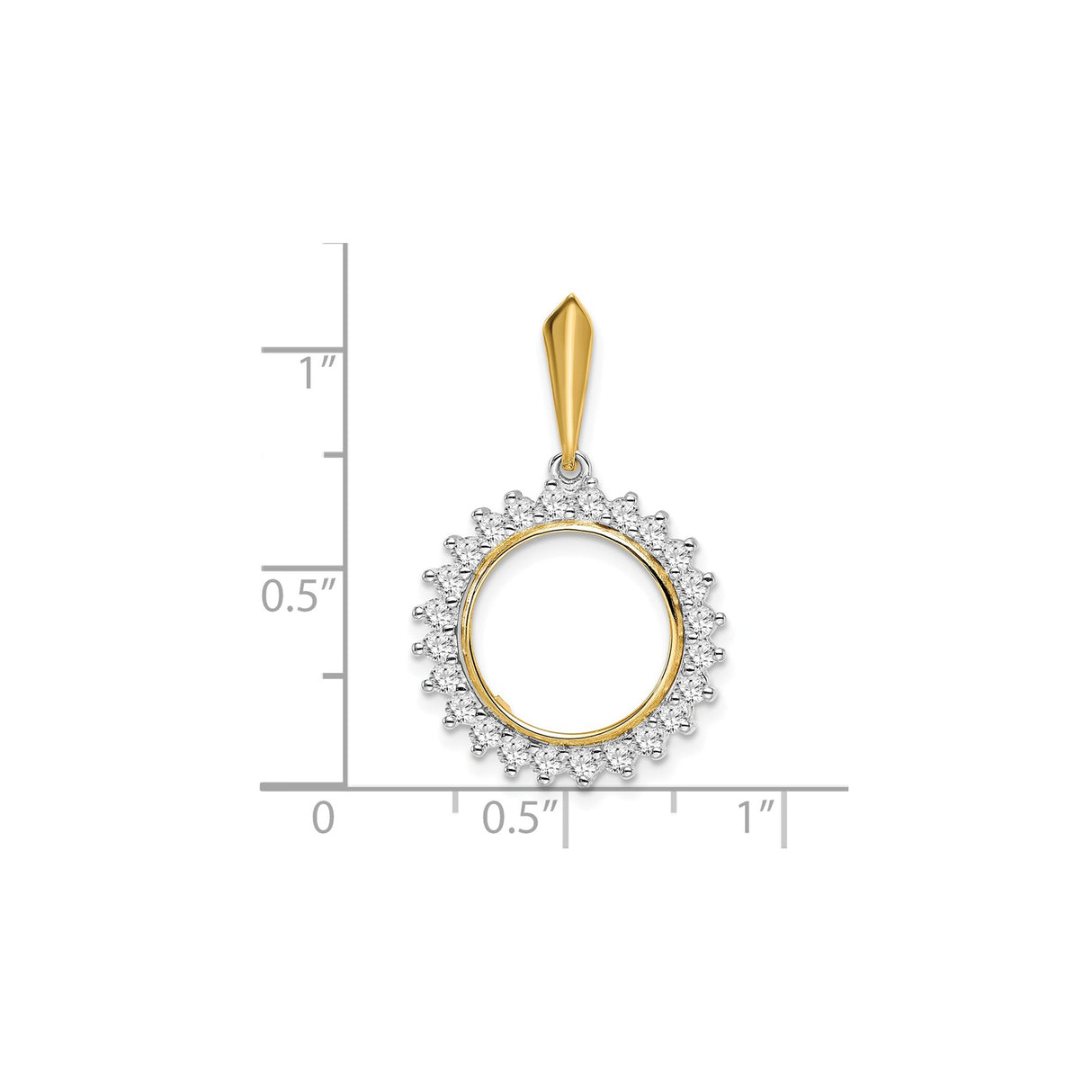 13 mm 14k Multi-Tone Gold coin bezel pendant for US $1 Indian Princess Type 1 — size reference (ruler)