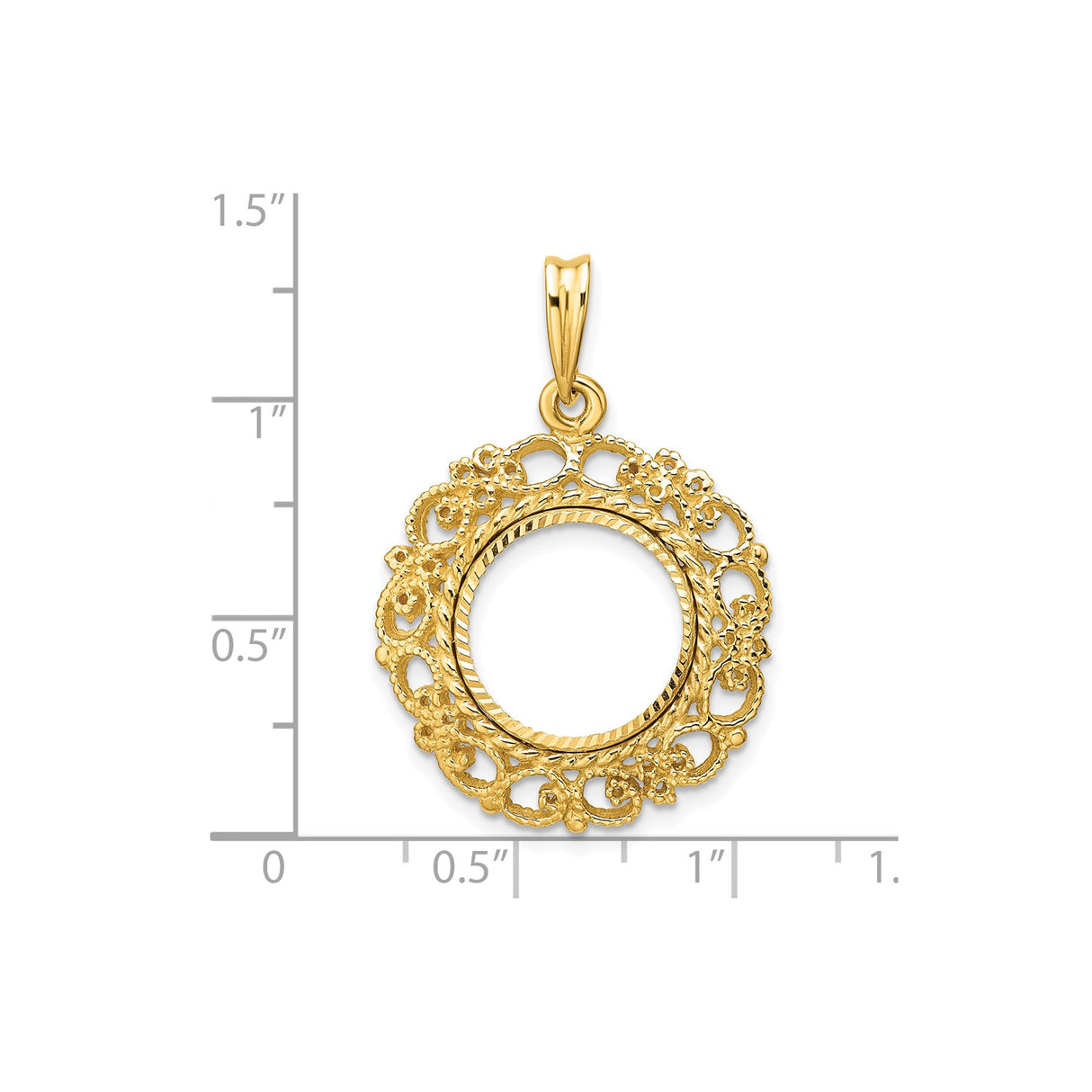13 mm 14k Yellow Gold coin bezel pendant for US $1 Indian Princess Type 1 — size reference (ruler)