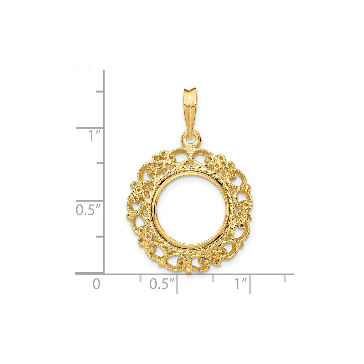 13 mm 14k Yellow Gold coin bezel pendant for US $1 Indian Princess Type 1 — size reference (ruler)