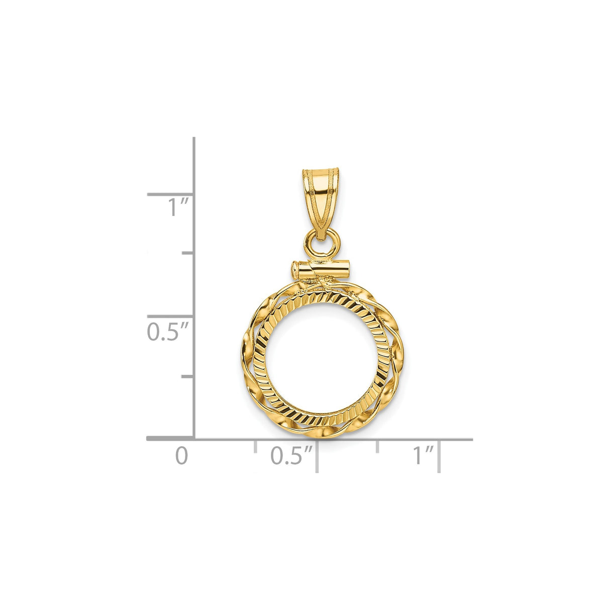 13 mm 14k Yellow Gold coin bezel pendant for US $1 Indian Princess Type 1 — size reference (ruler)