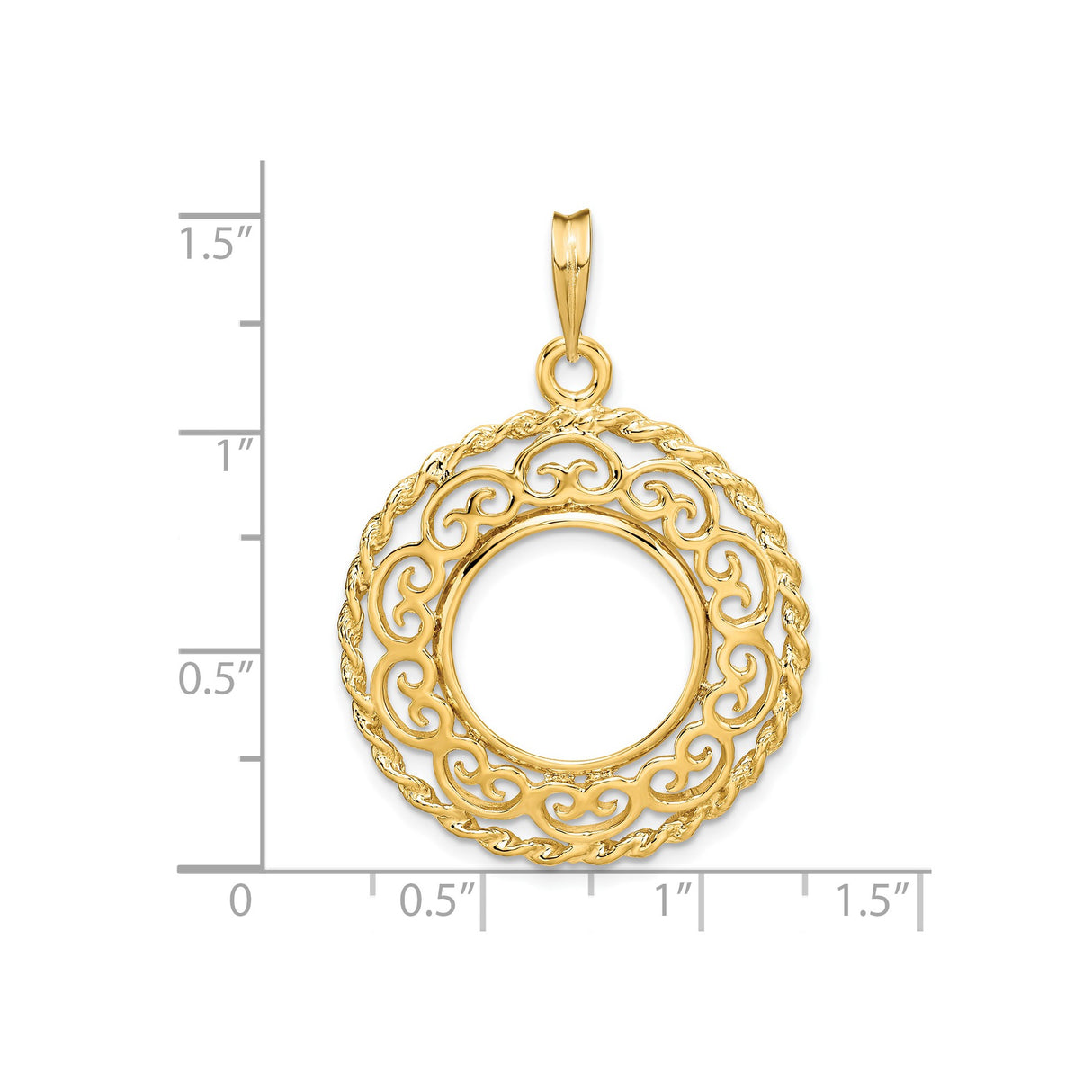 15 mm 14k Yellow Gold coin bezel pendant for US $1 Indian Princess Type 3 — size reference (ruler)
