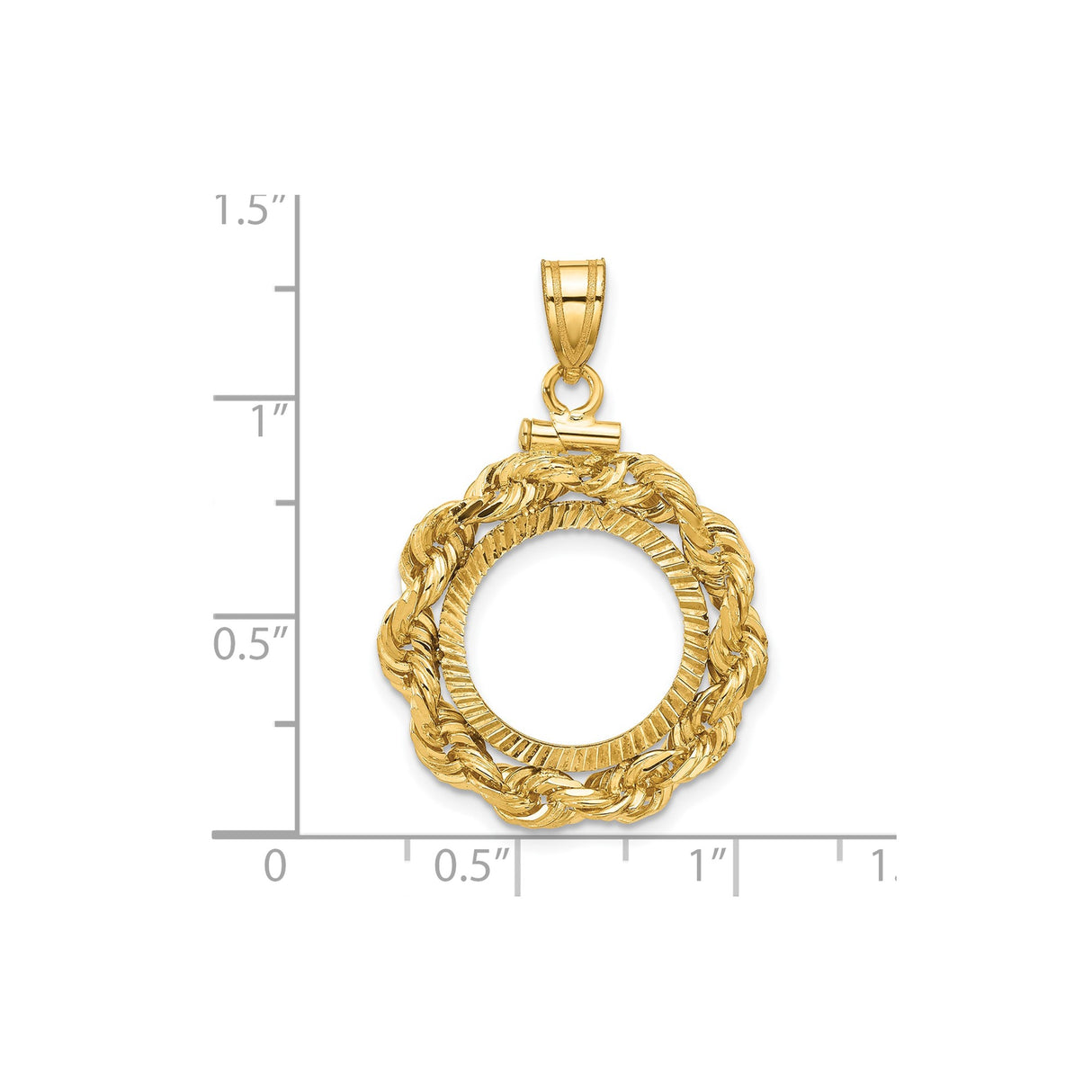 15 mm 14k Yellow Gold coin bezel pendant for US $1 Indian Princess Type 3 — size reference (ruler)