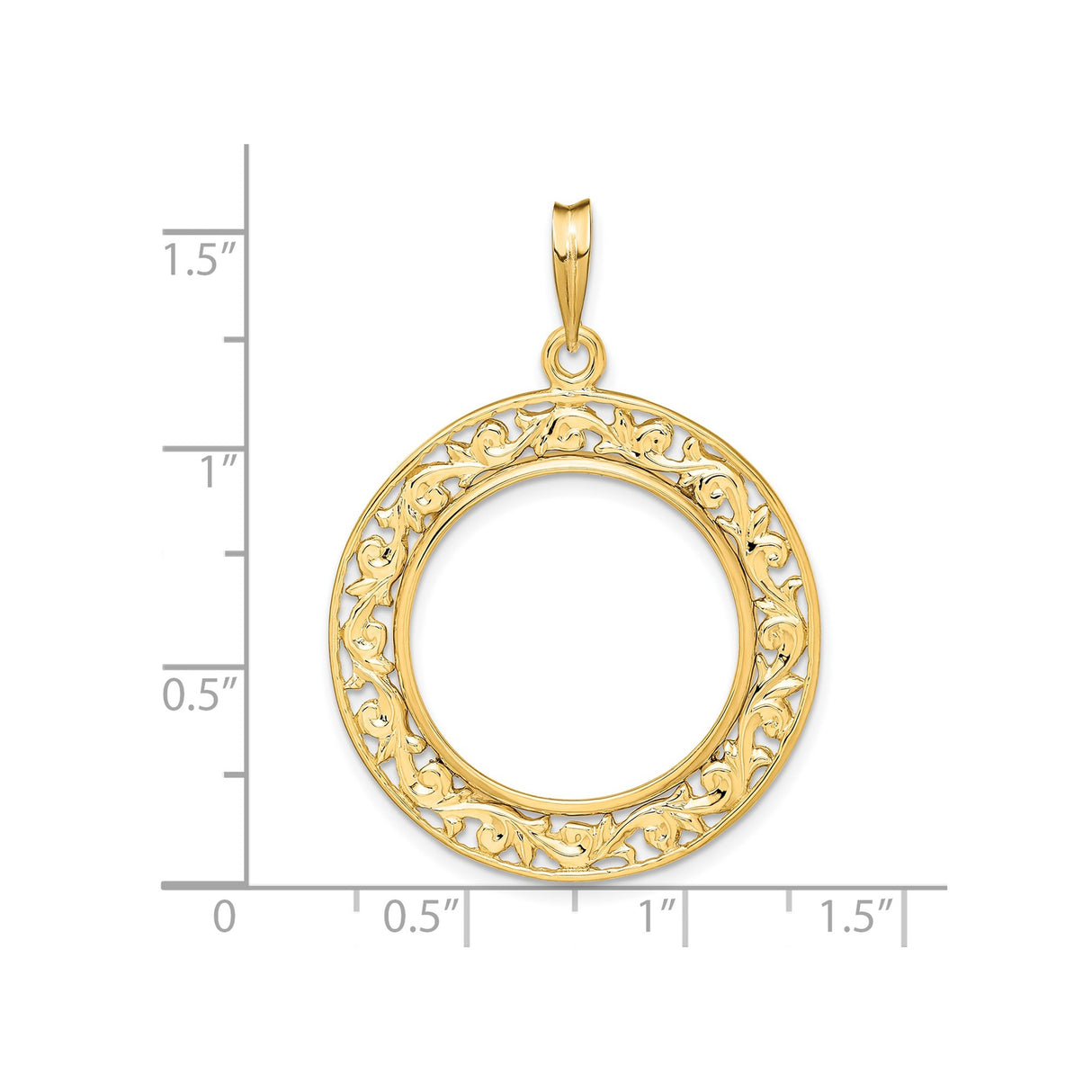 22 mm 14k Yellow Gold coin bezel pendant for US $5 Liberty Head Half Eagle — size reference (ruler)