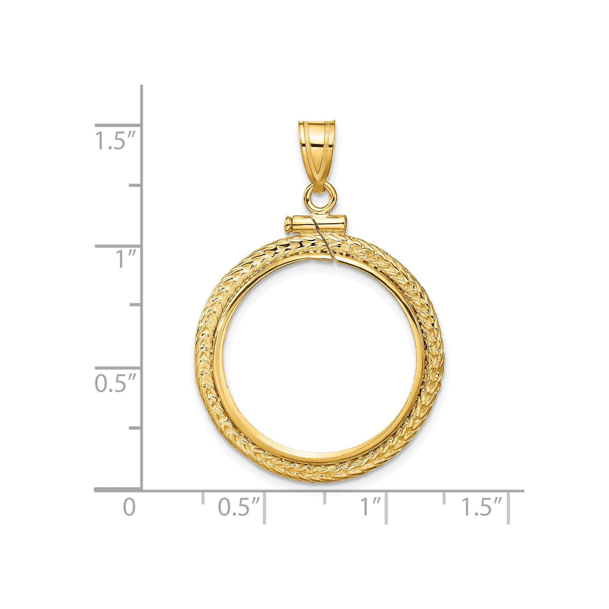 22 mm 14k Yellow Gold coin bezel pendant for US $5 Liberty Head Half Eagle — size reference (ruler)