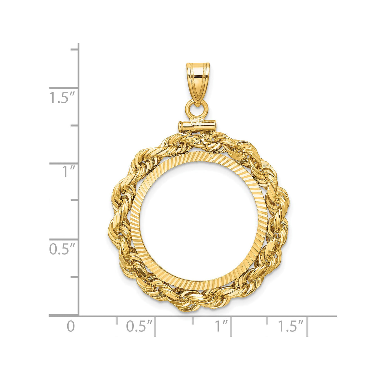 22 mm 14k Yellow Gold coin bezel pendant for US $5 Liberty Head Half Eagle — size reference (ruler)