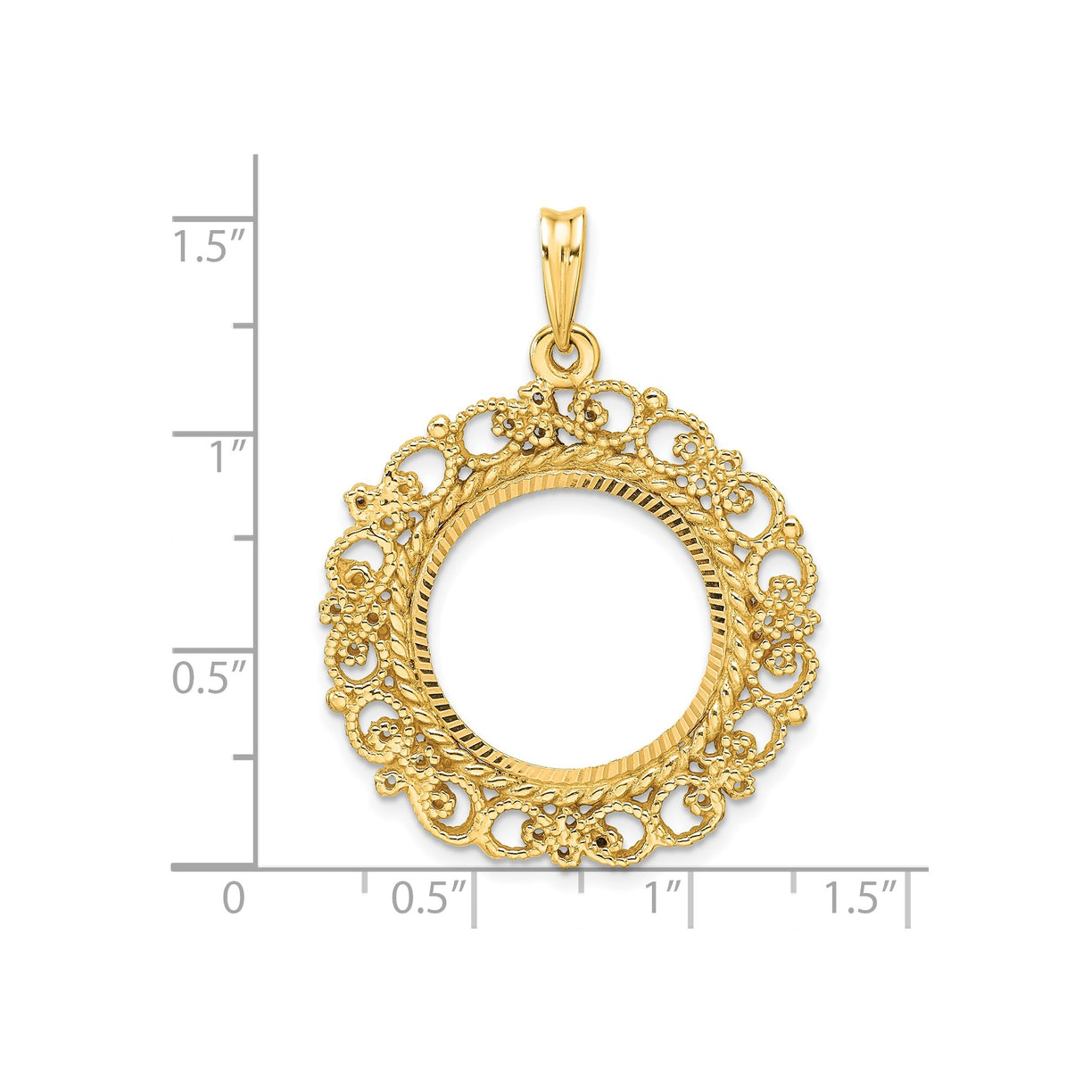 18 mm 14k Yellow Gold coin bezel pendant for US 10¢ Dime - Mercury — size reference (ruler)