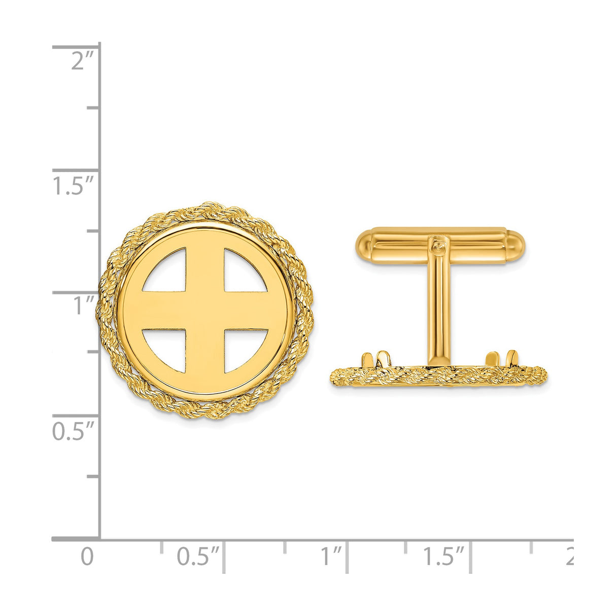 18 mm 14k Yellow Gold coin bezel cuff links for US 10¢ Dime - Roosevelt — size reference (ruler)