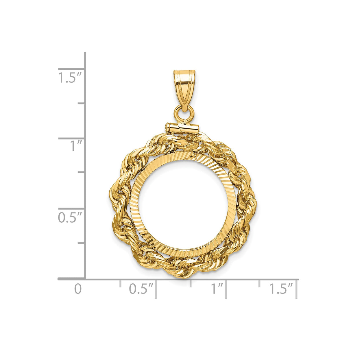 18 mm 14k Yellow Gold coin bezel pendant for US 10¢ Dime - Roosevelt — size reference (ruler)