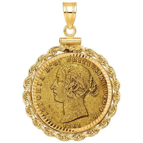 Australian Gold Half Sovereign coin pendant from 1861, featuring Queen Victoria young head portrait, set in a twisted rope gold bezel.