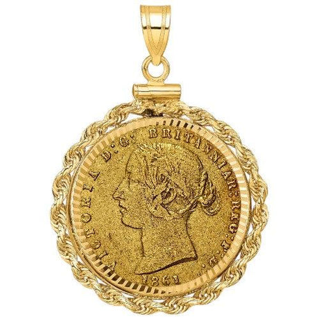 Australian Gold Half Sovereign coin pendant from 1861, featuring Queen Victoria young head portrait, set in a twisted rope gold bezel.
