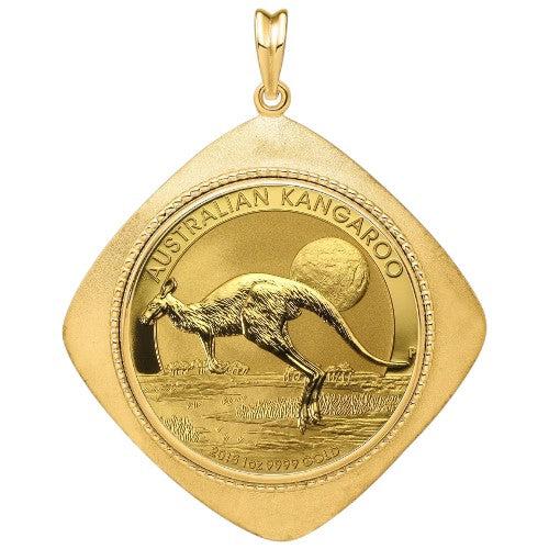 Australian Gold Kangaroo coin pendant, one ounce .9999 fine gold, featuring a kangaroo with moon design in a square gold bezel.