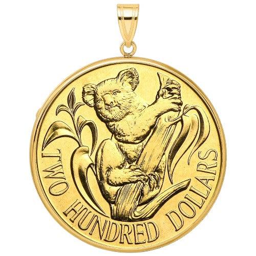 Australian Gold Koala coin pendant, 200 dollar denomination, featuring a koala on a eucalyptus branch in a polished gold bezel.