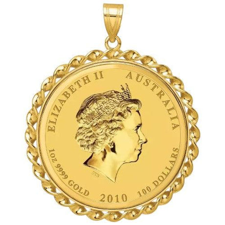 2010 Australian Gold Lunar coin pendant, one ounce .9999 fine gold with Queen Elizabeth II portrait in a rope gold bezel.