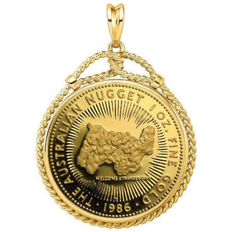 Australian Nugget gold coin pendant in a twisted rope bezel, featuring the 1986 one-ounce fine gold coin design with the Welcome Stranger nugget.