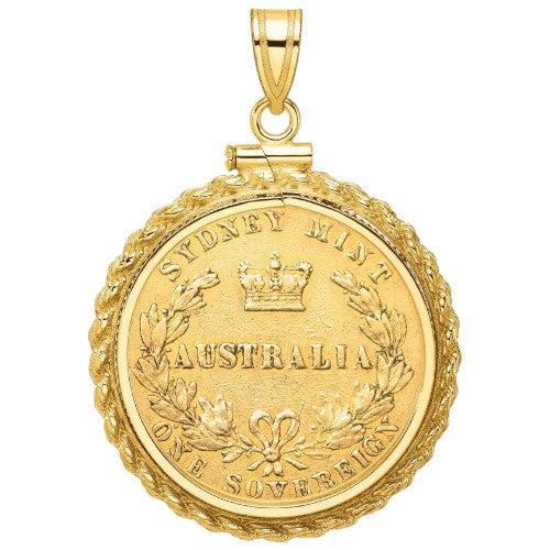 Australian Gold Sovereign coin pendant from the Sydney Mint, featuring crowned wreath design with ‘Australia One Sovereign,’ mounted in a scalloped rope gold bezel.