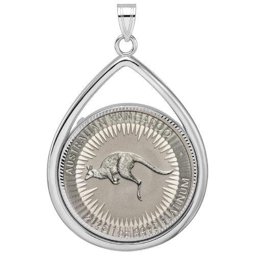 1996 Australian Platinum Kangaroo coin pendant, one ounce .9995 fine platinum, featuring a kangaroo with sunburst design in a teardrop white gold bezel.