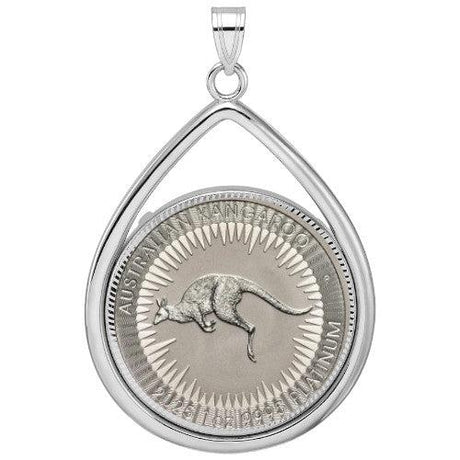 1996 Australian Platinum Kangaroo coin pendant, one ounce .9995 fine platinum, featuring a kangaroo with sunburst design in a teardrop white gold bezel.