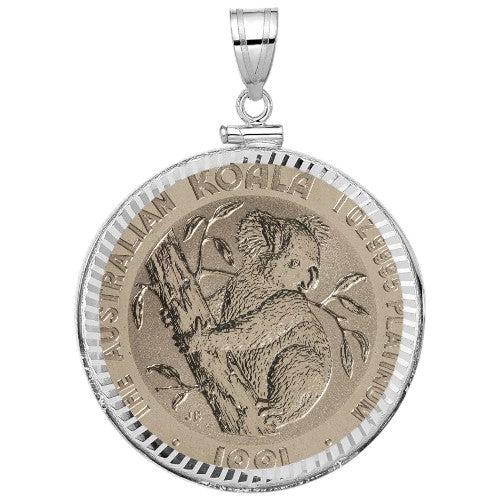 2001 Australian Platinum Koala coin pendant, one ounce .9995 fine platinum, featuring a koala on a eucalyptus tree, set in a white gold bezel.