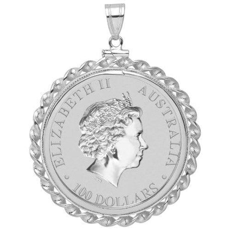 Australian Platinum Lunar coin pendant, one ounce .9995 fine platinum, featuring Queen Elizabeth II portrait, 100 dollar denomination in a scalloped white gold bezel.