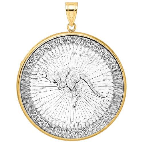2020 Australian Silver Kangaroo coin pendant, one ounce .9999 fine silver, featuring a kangaroo with radiating sunburst design in a gold bezel.