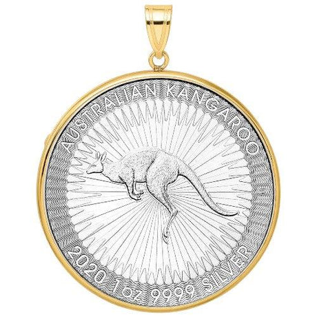2020 Australian Silver Kangaroo coin pendant, one ounce .9999 fine silver, featuring a kangaroo with radiating sunburst design in a gold bezel.