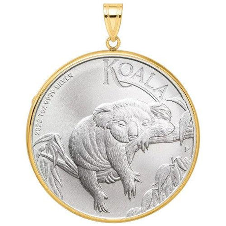 2022 Australian Silver Koala coin pendant, one ounce .9999 fine silver, featuring a koala resting on a eucalyptus branch in a gold bezel.
