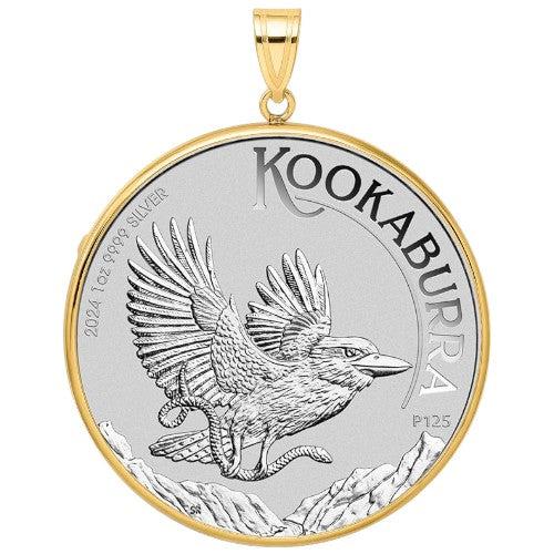 2024 Australian Silver Kookaburra coin pendant, one ounce .9999 fine silver, featuring a flying kookaburra design in a gold bezel.
