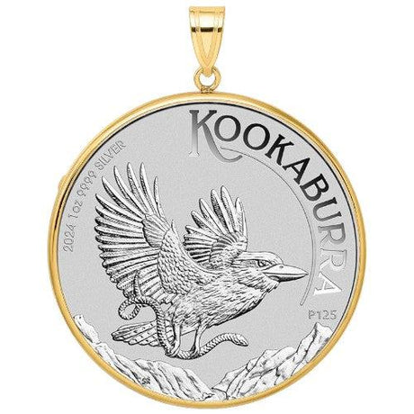 2024 Australian Silver Kookaburra coin pendant, one ounce .9999 fine silver, featuring a flying kookaburra design in a gold bezel.