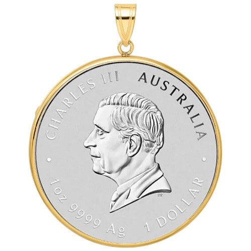 Australian Silver Lunar coin pendant, one ounce .9999 fine silver, featuring King Charles III portrait, 1 dollar denomination in a gold bezel.