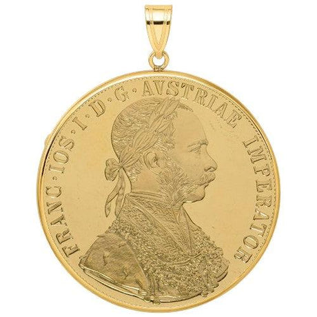 Austrian 4 Ducats gold coin pendant, featuring Emperor Franz Joseph I portrait with imperial attire, mounted in a polished gold bezel.