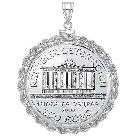 Austrian Silver Philharmonic coin pendant, 2008 one ounce 1.50 euro issue, featuring the Great Organ of the Musikverein, set in a twisted rope white gold bezel.