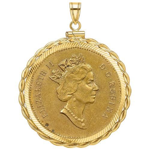 Canadian coin inscribed with D·G·REGINA and a portrait of Queen Elizabeth II, set in a gold bezel.