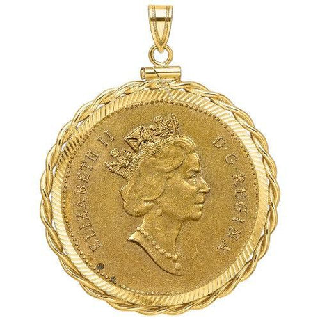 Canadian coin inscribed with D·G·REGINA and a portrait of Queen Elizabeth II, set in a gold bezel.