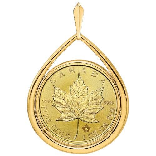 Canadian Gold Maple Leaf coin, 1 oz .9999 fine gold, featuring maple leaf reverse from the Royal Canadian Mint, displayed inside a gold bezel.