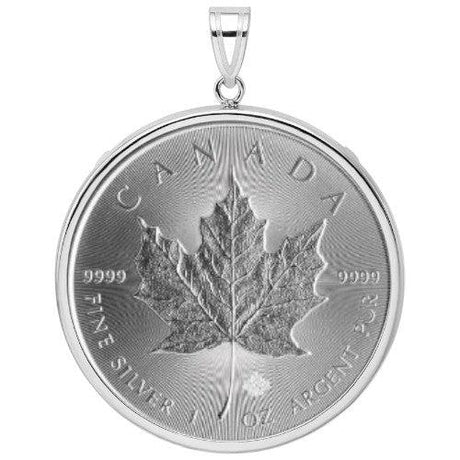 Canadian Silver Maple Leaf coin, 1 oz .9999 fine silver, featuring maple leaf reverse design from the Royal Canadian Mint, displayed inside a white gold bezel.