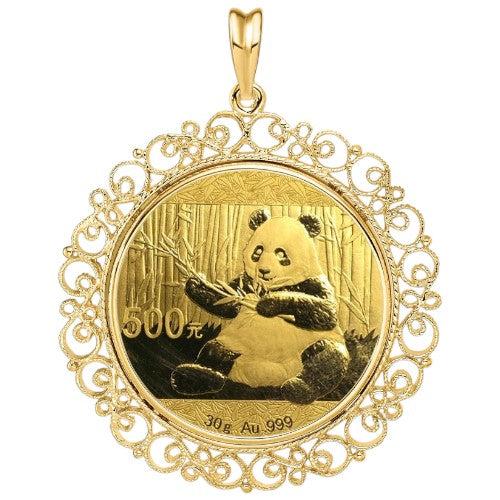 Chinese 30 gram Gold Panda coin pendant, 500 yuan denomination, .999 fine gold, featuring a panda eating bamboo, set in an ornate filigree gold bezel.