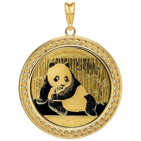 Chinese Gold Panda coin pendant, 500 yuan denomination, one ounce .999 fine gold, featuring a panda with bamboo, mounted in a patterned gold bezel