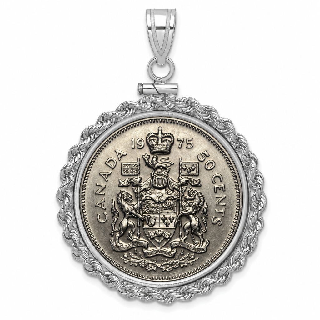 Canadian Half Dollar shown in a white gold bezel