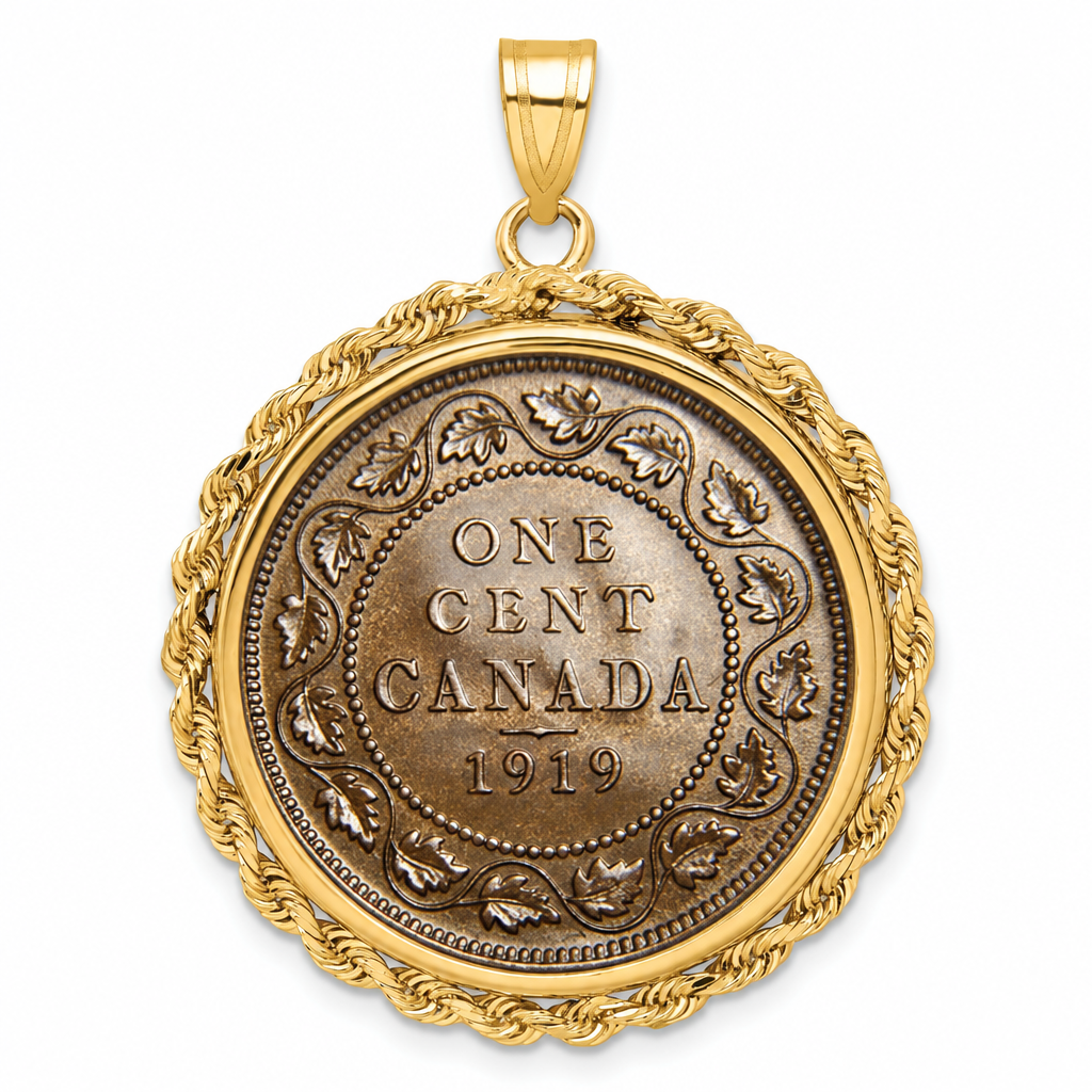 Canadian Large Cent shown in a yellow gold bezel