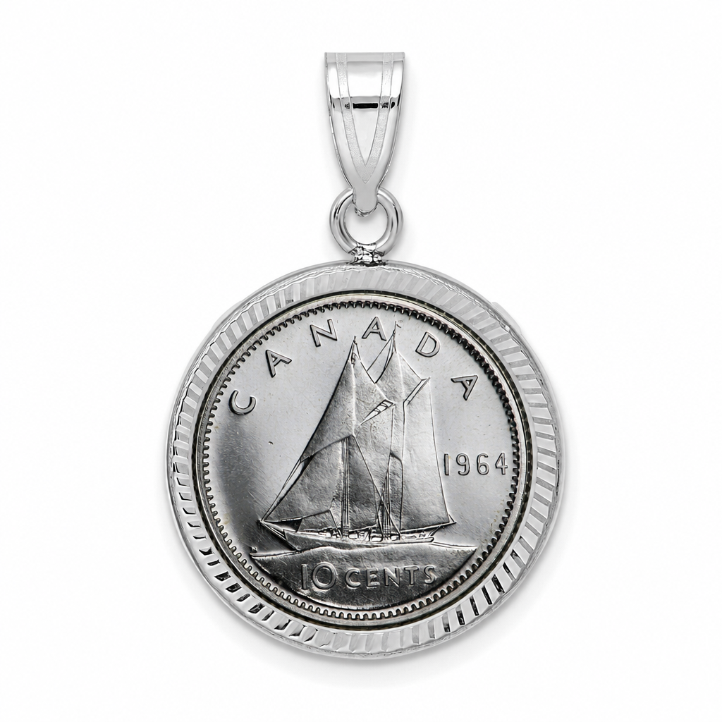 Canadian Silver Dime shown in a white gold bezel