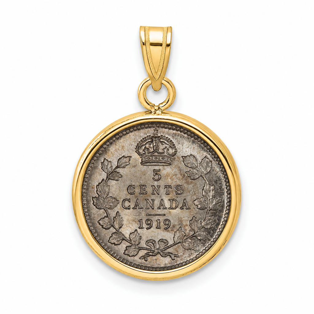 Canadian Silver Five Cents Fishscale shown in a yellow gold bezel
