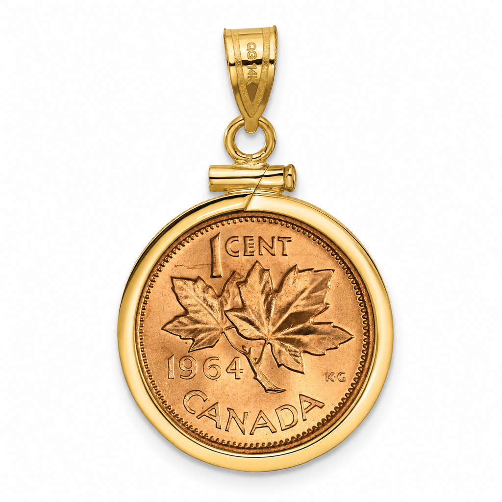 Canadian Small Cent shown in a yellow gold bezel