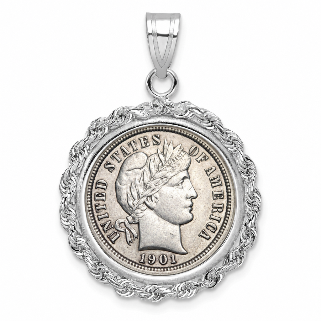 Barber Dime shown in a 14k white gold bezel