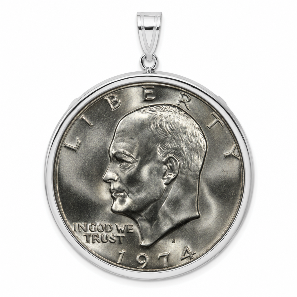 Eisenhower Dollar shown in a 14k white gold bezel