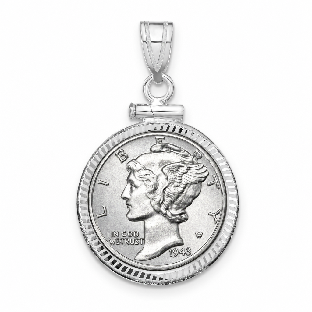 Mercury Dime shown in a 14k white gold bezel