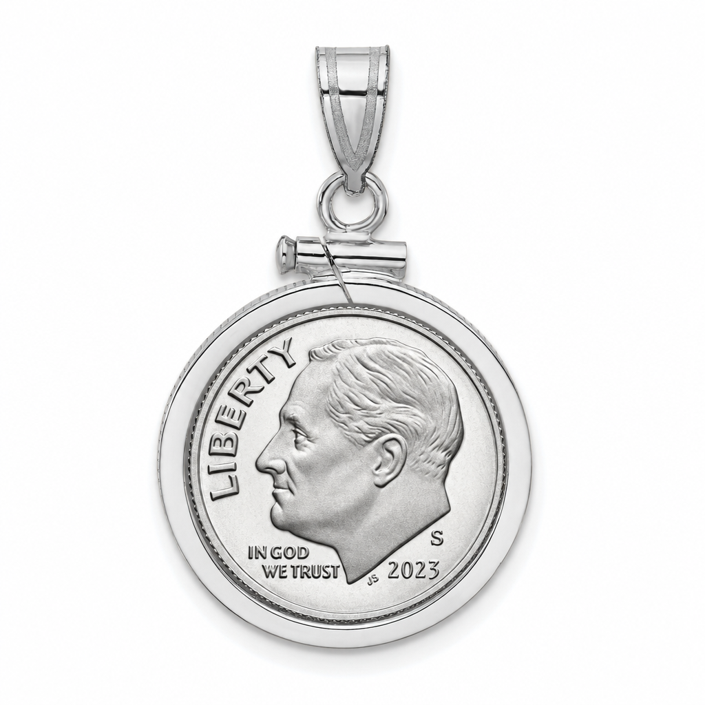 Roosevelt Dime shown in a 14k white gold bezel