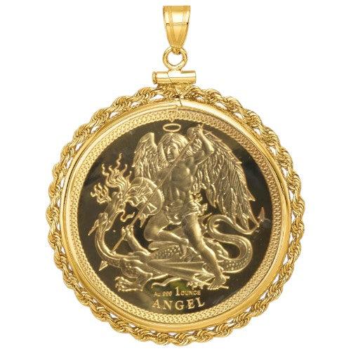 Isle of Man Gold Angel coin pendant, 1 ounce .999 fine gold, depicting St. Michael slaying the dragon, set in a rope gold bezel.